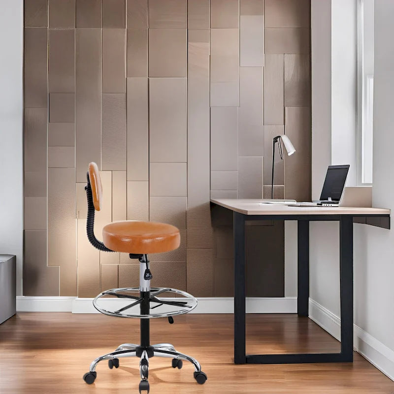 Tabouret de travail roulant réglable avec siège en similicuir et repose-pieds pliable