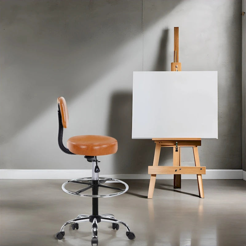 Tabouret de travail roulant réglable avec siège en similicuir et repose-pieds pliable