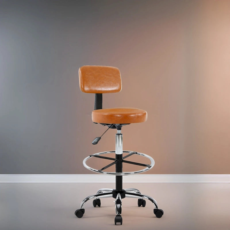 Tabouret de travail roulant réglable avec siège en similicuir et repose-pieds pliable