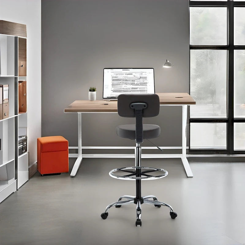 Tabouret de travail roulant réglable avec siège en similicuir et repose-pieds pliable