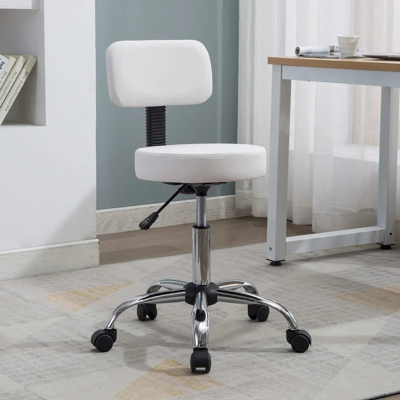 Tabouret de travail roulant réglable avec siège en similicuir et repose-pieds pliable