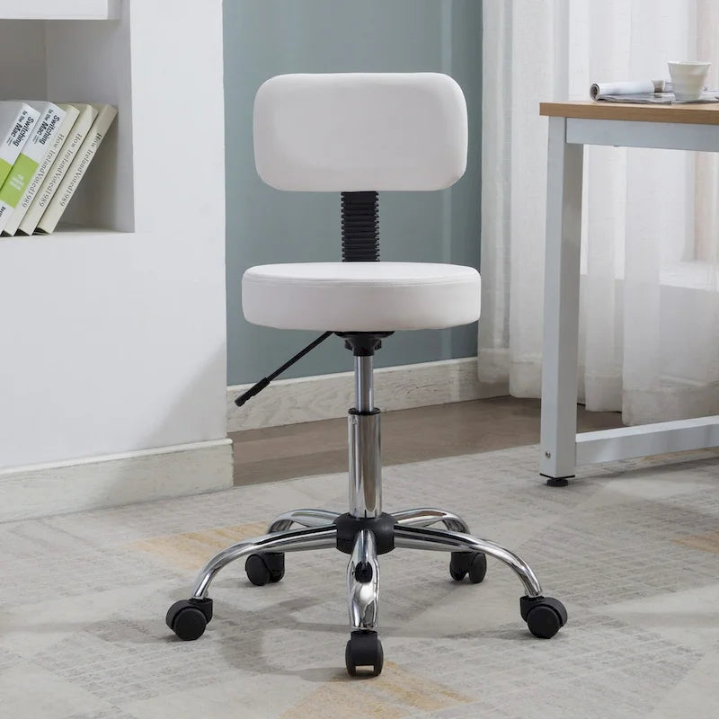 Tabouret de travail roulant réglable avec siège en similicuir et repose-pieds pliable