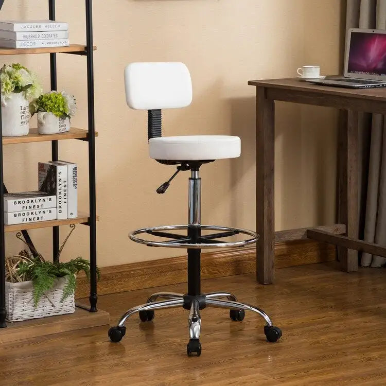 Tabouret de travail roulant réglable avec siège en similicuir et repose-pieds pliable