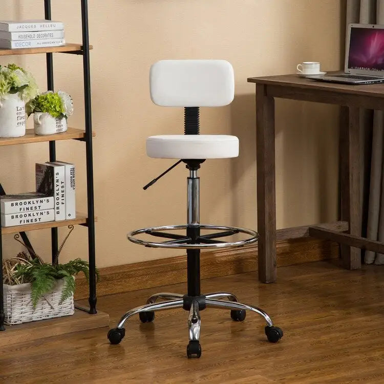 Tabouret de travail roulant réglable avec siège en similicuir et repose-pieds pliable
