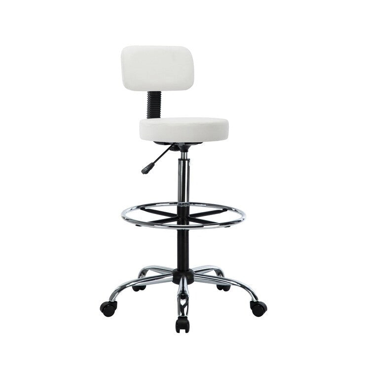 Tabouret de travail roulant réglable avec siège en similicuir et repose-pieds pliable
