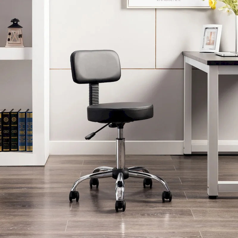 Tabouret de travail roulant réglable avec siège en similicuir et repose-pieds pliable
