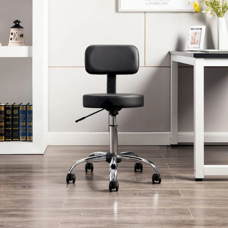Tabouret de travail roulant réglable avec siège en similicuir et repose-pieds pliable