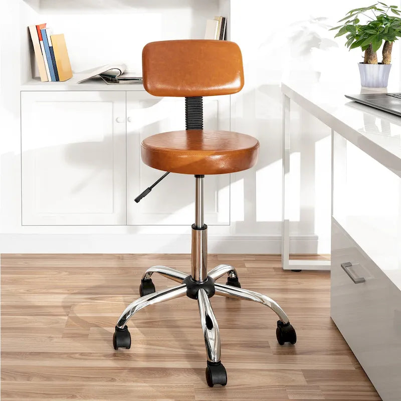 Tabouret de travail roulant réglable avec siège en similicuir et repose-pieds pliable