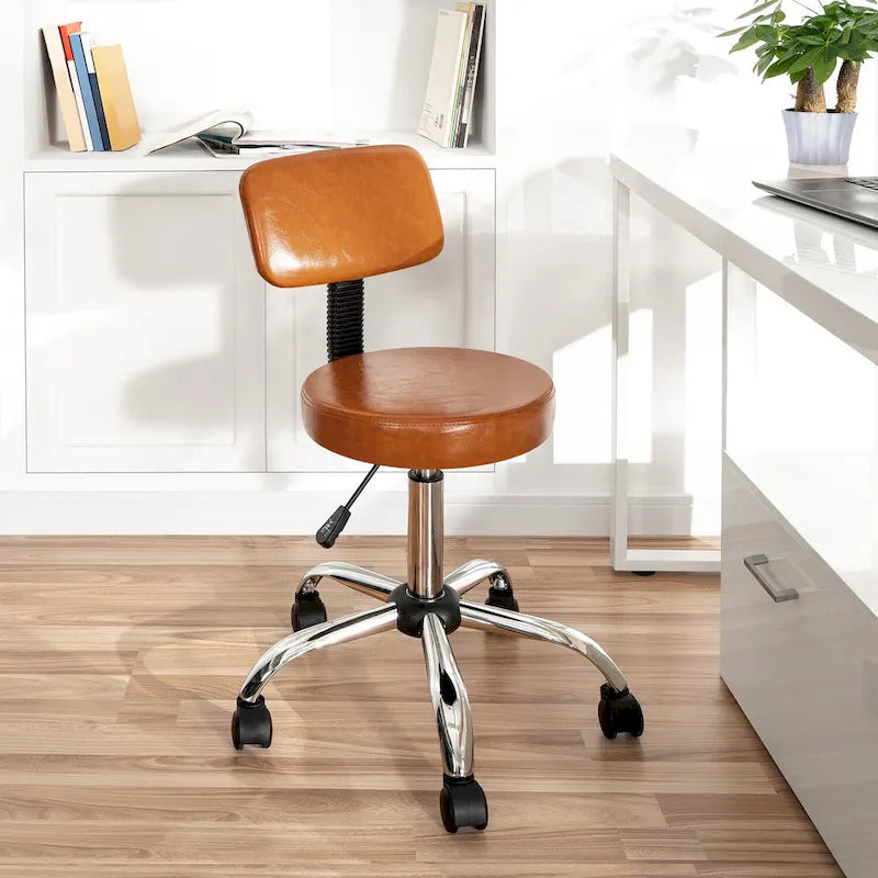 Tabouret de travail roulant réglable avec siège en similicuir et repose-pieds pliable