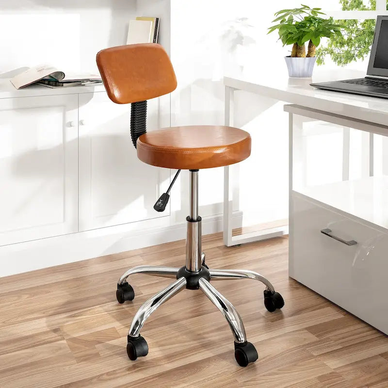 Tabouret de travail roulant réglable avec siège en similicuir et repose-pieds pliable