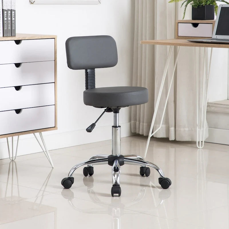 Tabouret de travail roulant réglable avec siège en similicuir et repose-pieds pliable