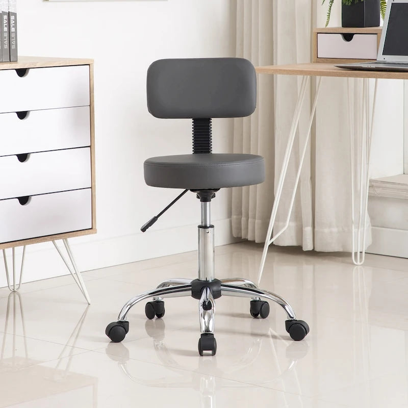 Tabouret de travail roulant réglable avec siège en similicuir et repose-pieds pliable