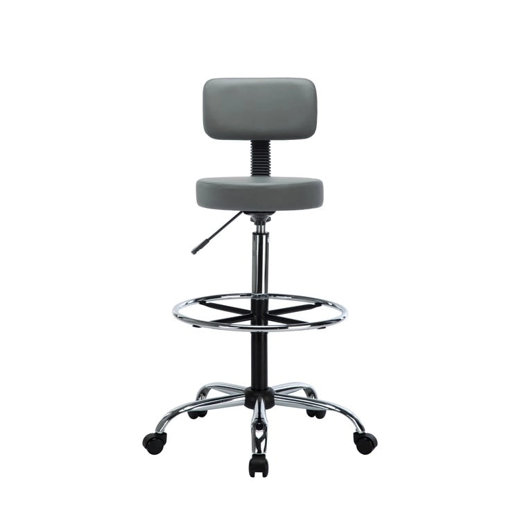 Tabouret de travail roulant réglable avec siège en similicuir et repose-pieds pliable