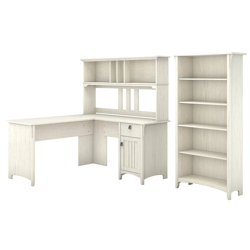 Bureau profilé avec huche et bibliothèque à 5 étagères, blanc