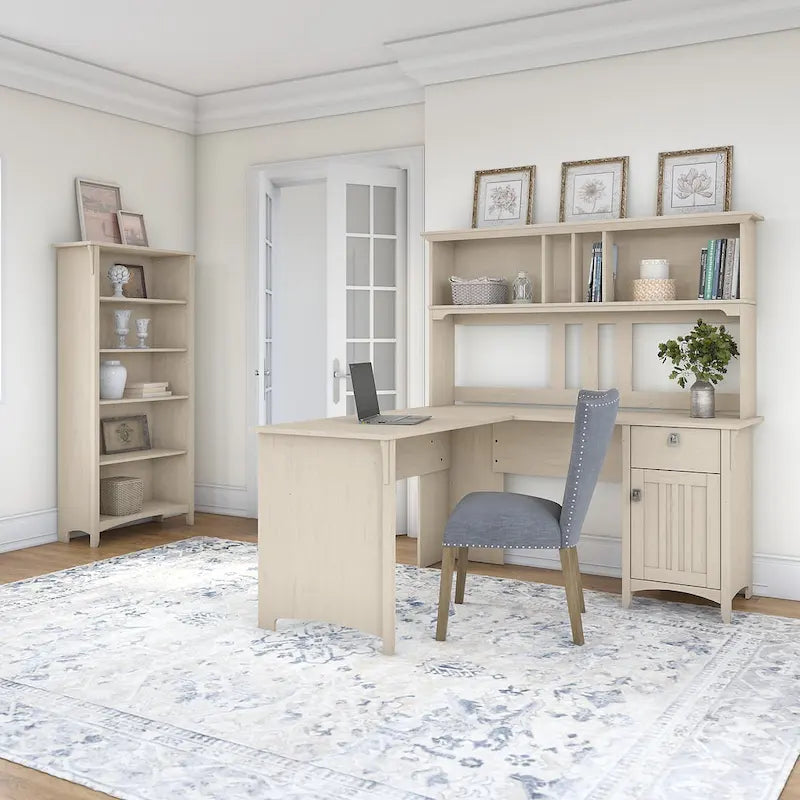 Bureau profilé avec huche et bibliothèque à 5 étagères, blanc