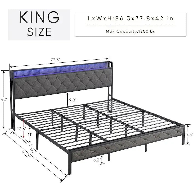 Cadre de lit Queen avec tête de lit de rangement, station de charge et lumières LED