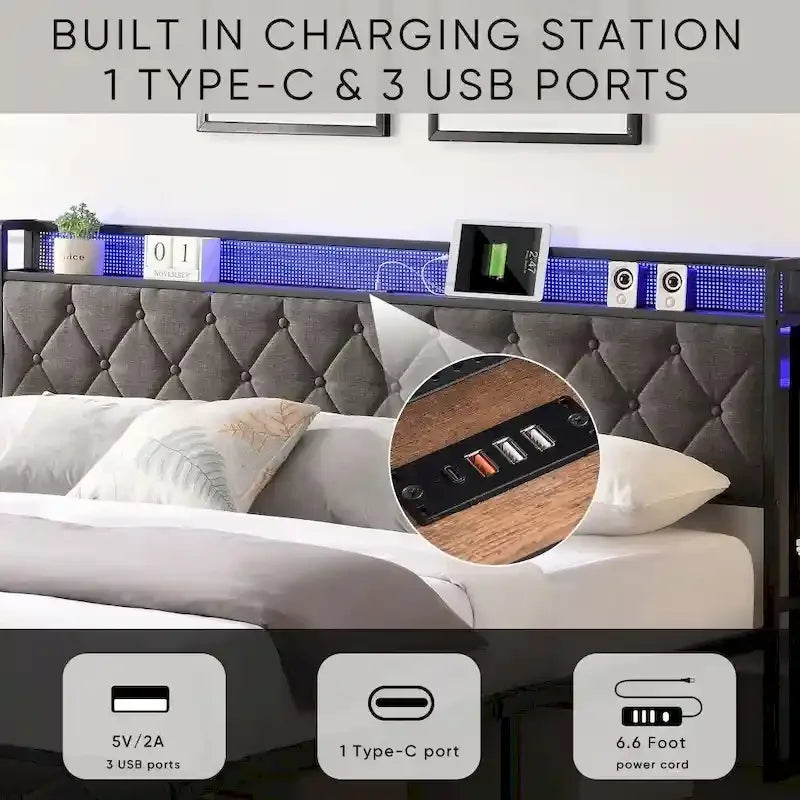 Cadre de lit Queen avec tête de lit de rangement, station de charge et lumières LED