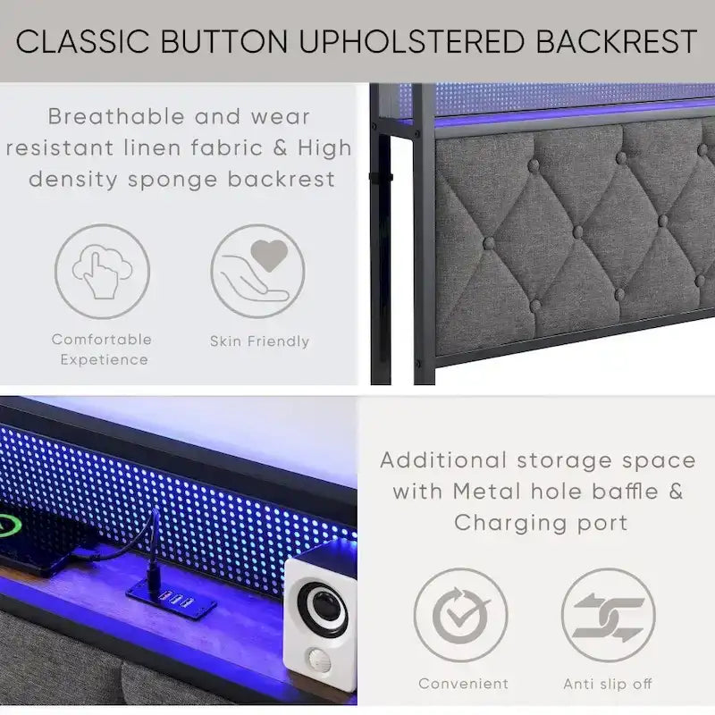 Cadre de lit Queen avec tête de lit de rangement, station de charge et lumières LED