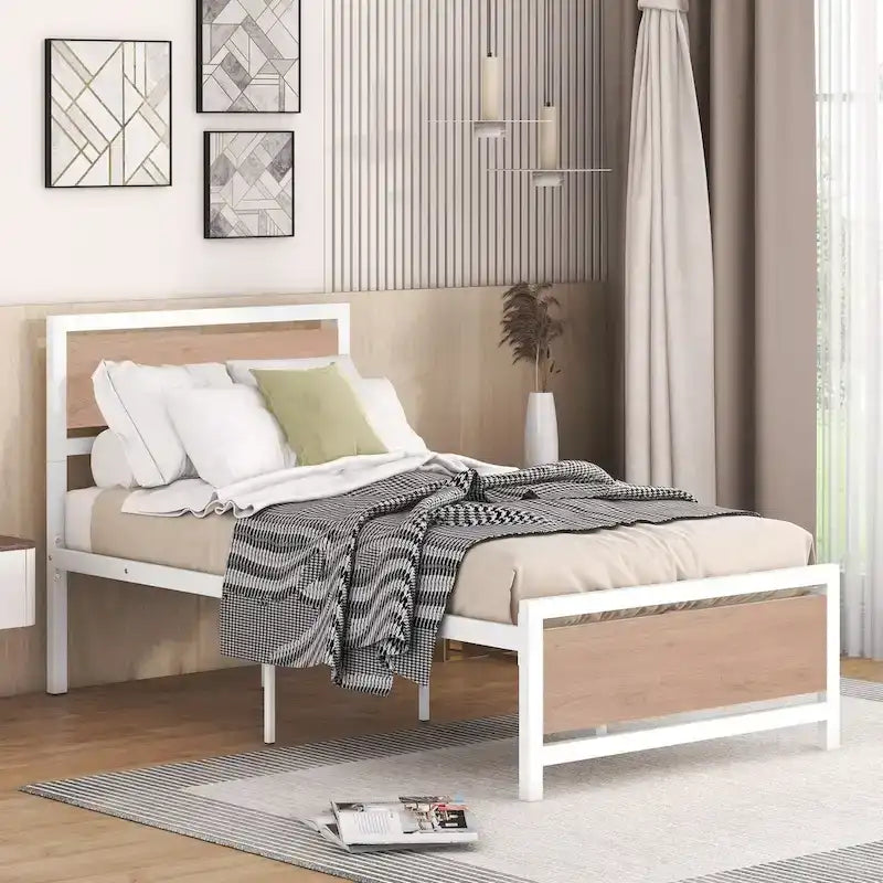 Lit plateforme une place, cadre de lit en métal et bois avec tête de lit et pied de lit