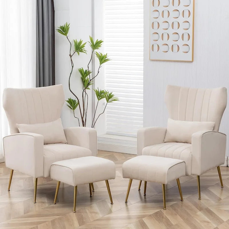 Fauteuil d'appoint en velours avec accoudoirs et dossier à oreilles