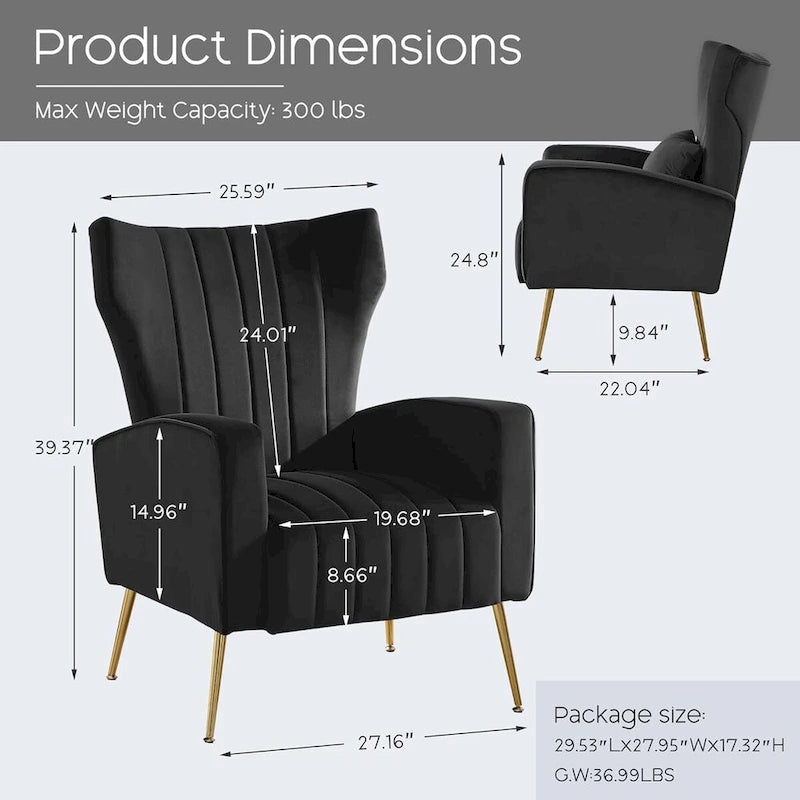 Fauteuil d'appoint en velours avec accoudoirs et dossier à oreilles