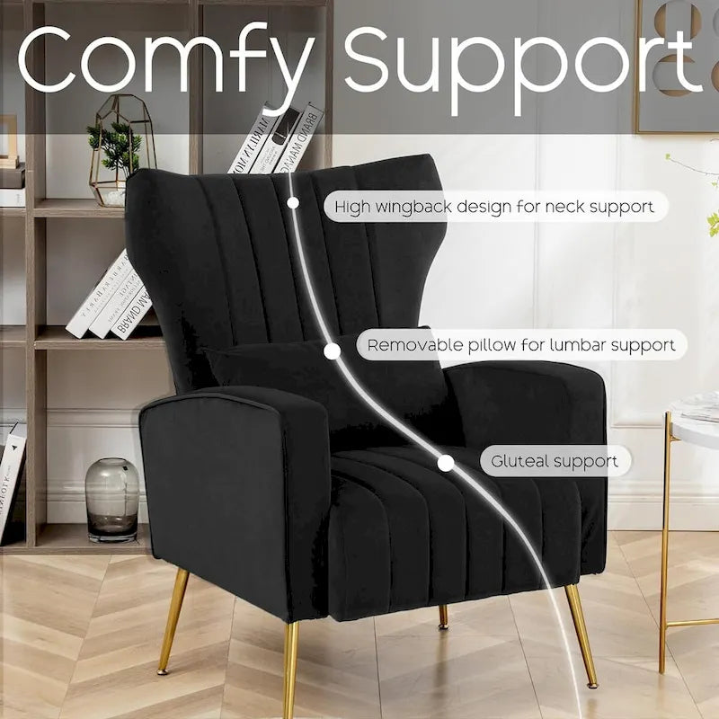 Fauteuil d'appoint en velours avec accoudoirs et dossier à oreilles