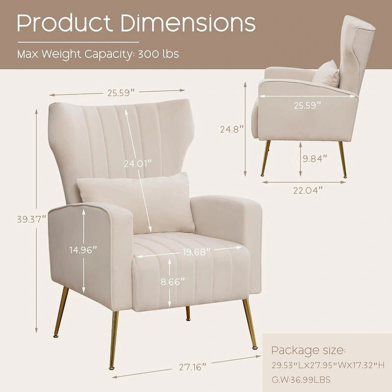 Fauteuil d'appoint en velours avec accoudoirs et dossier à oreilles