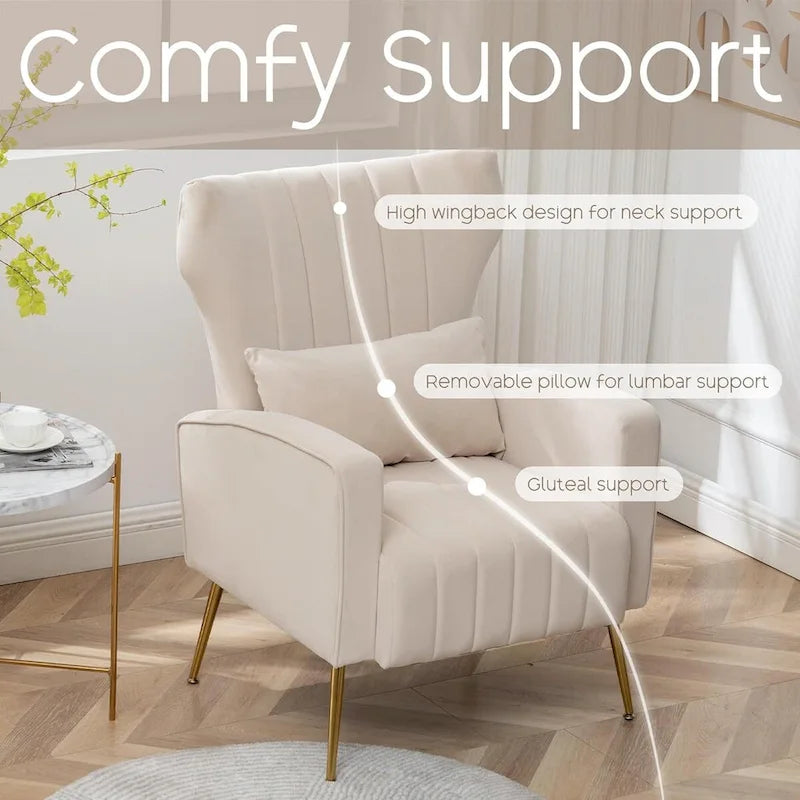 Fauteuil d'appoint en velours avec accoudoirs et dossier à oreilles