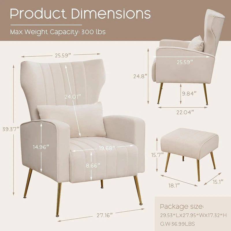 Fauteuil d'appoint en velours avec accoudoirs et dossier à oreilles