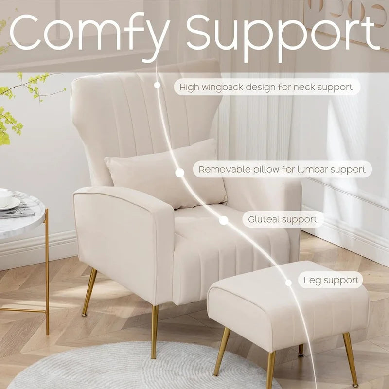 Fauteuil d'appoint en velours avec accoudoirs et dossier à oreilles
