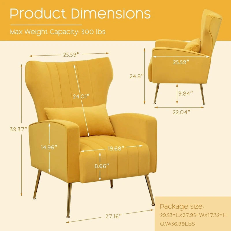 Fauteuil d'appoint en velours avec accoudoirs et dossier à oreilles
