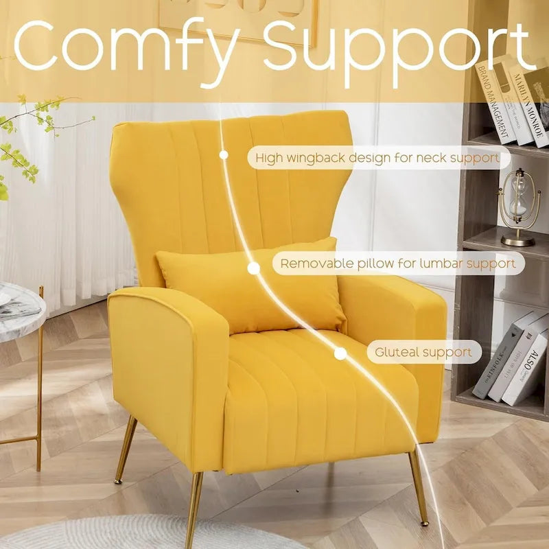 Fauteuil d'appoint en velours avec accoudoirs et dossier à oreilles