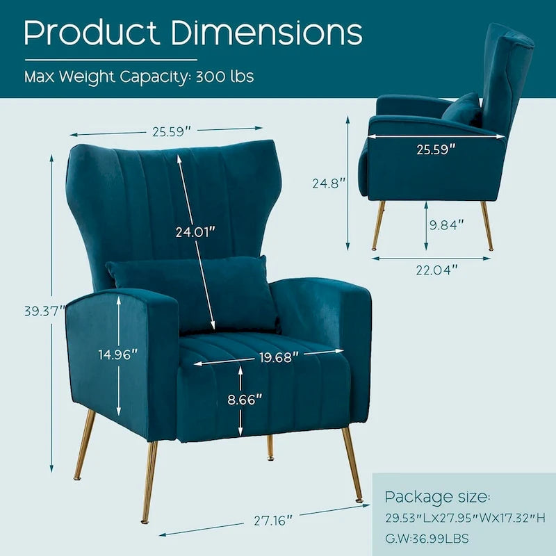 Fauteuil d'appoint en velours avec accoudoirs et dossier à oreilles