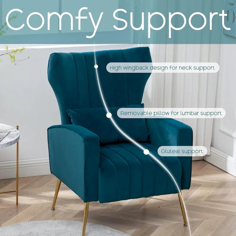 Fauteuil d'appoint en velours avec accoudoirs et dossier à oreilles
