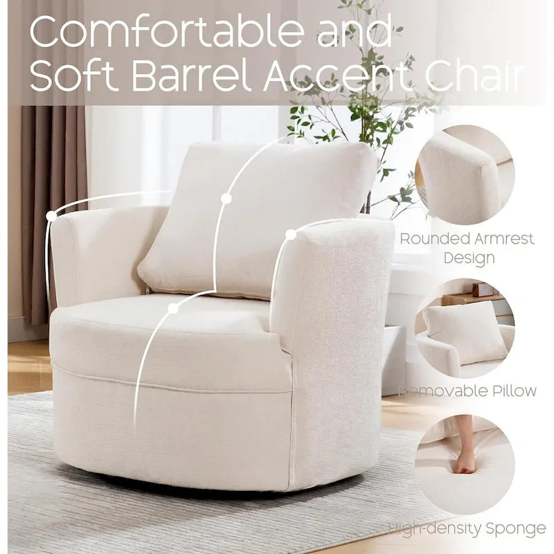 Fauteuil d'appoint pivotant avec accoudoirs arrondis et oreiller