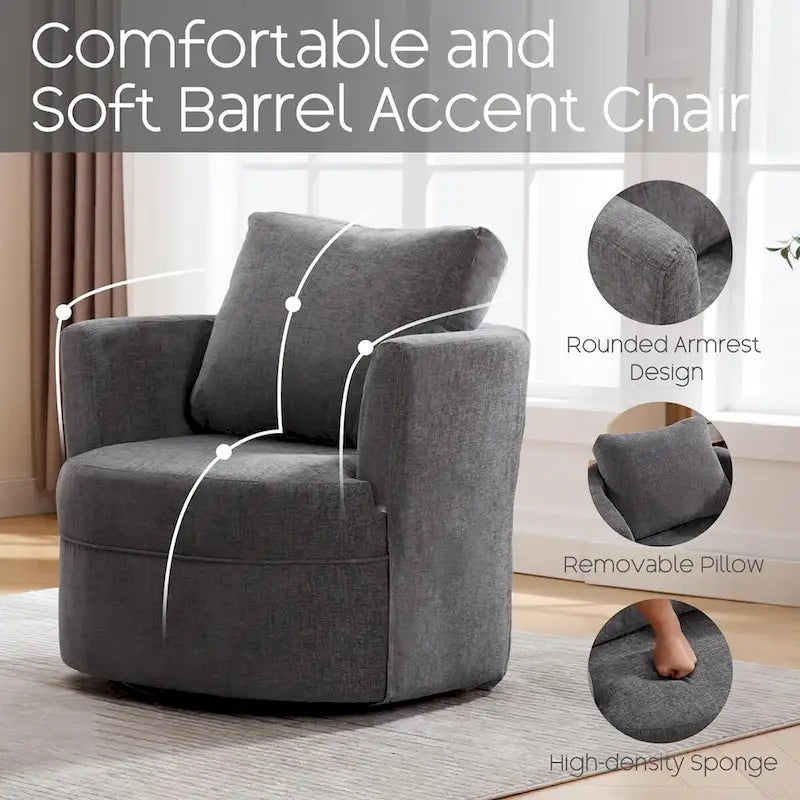 Fauteuil d'appoint pivotant avec accoudoirs arrondis et oreiller