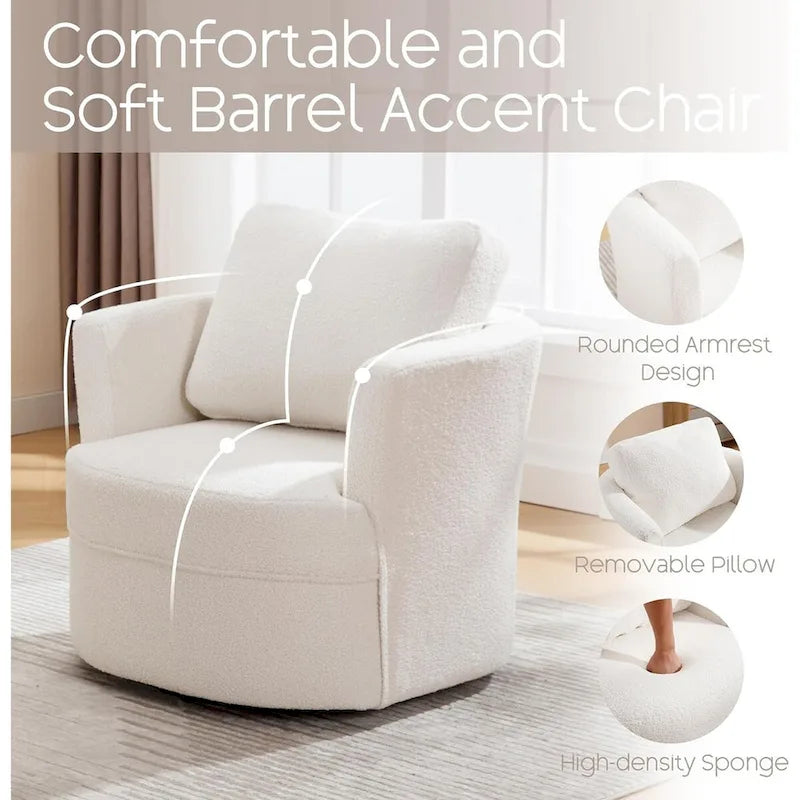 Fauteuil d'appoint pivotant avec accoudoirs arrondis et oreiller
