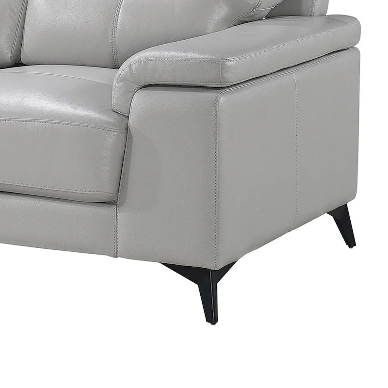 Canapé en cuir véritable et similicuir gris clair, pieds en métal noir