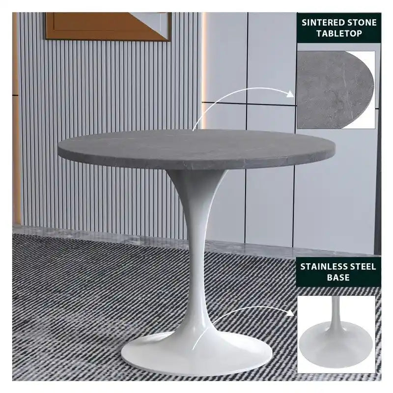 Table de salle à manger avec plateau rond sur pied central en acier blanc