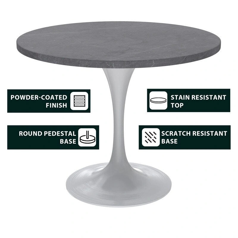 Table de salle à manger avec plateau rond sur pied central en acier blanc