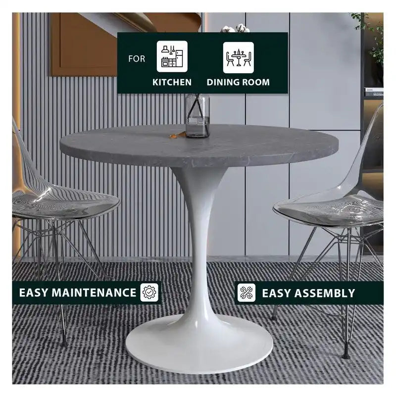 Table de salle à manger avec plateau rond sur pied central en acier blanc
