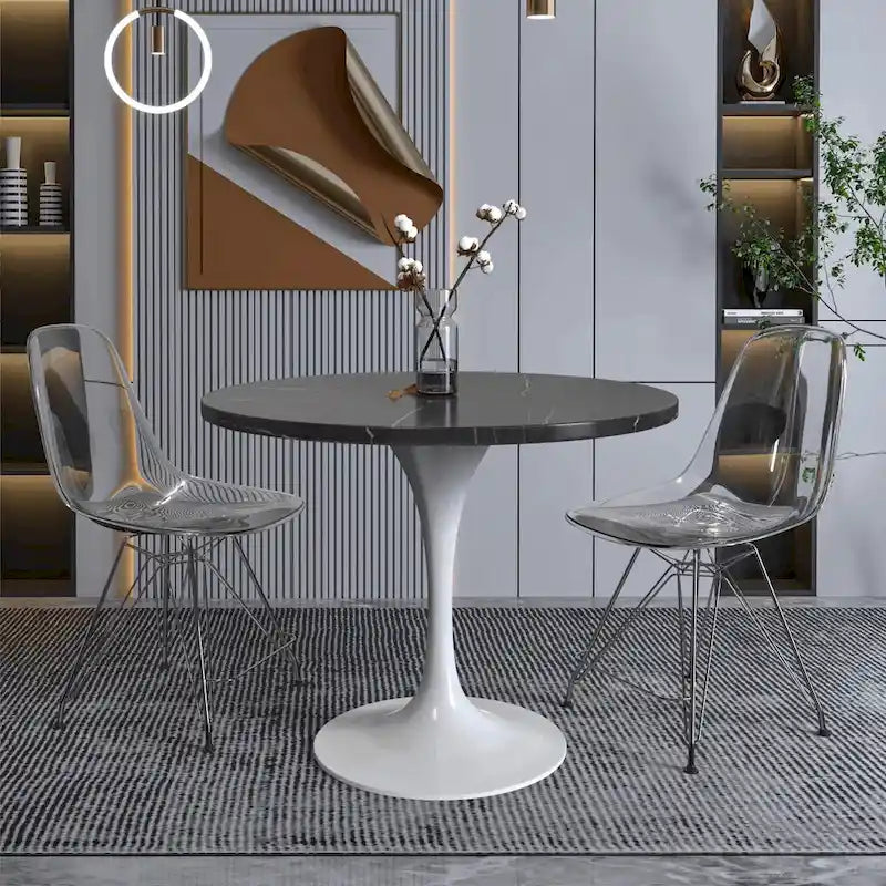 Table de salle à manger avec plateau rond sur pied central en acier blanc