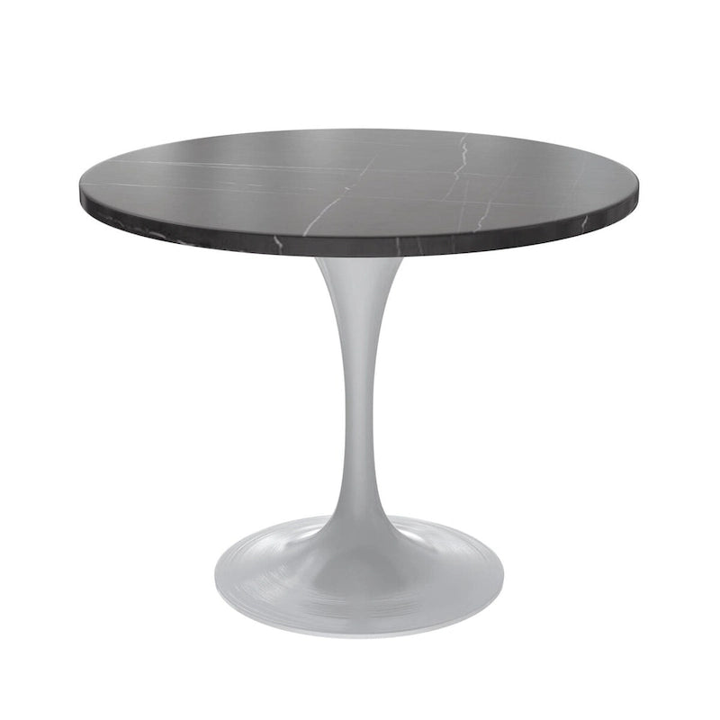 Table de salle à manger avec plateau rond sur pied central en acier blanc