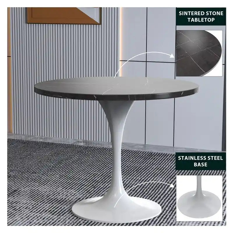 Table de salle à manger avec plateau rond sur pied central en acier blanc