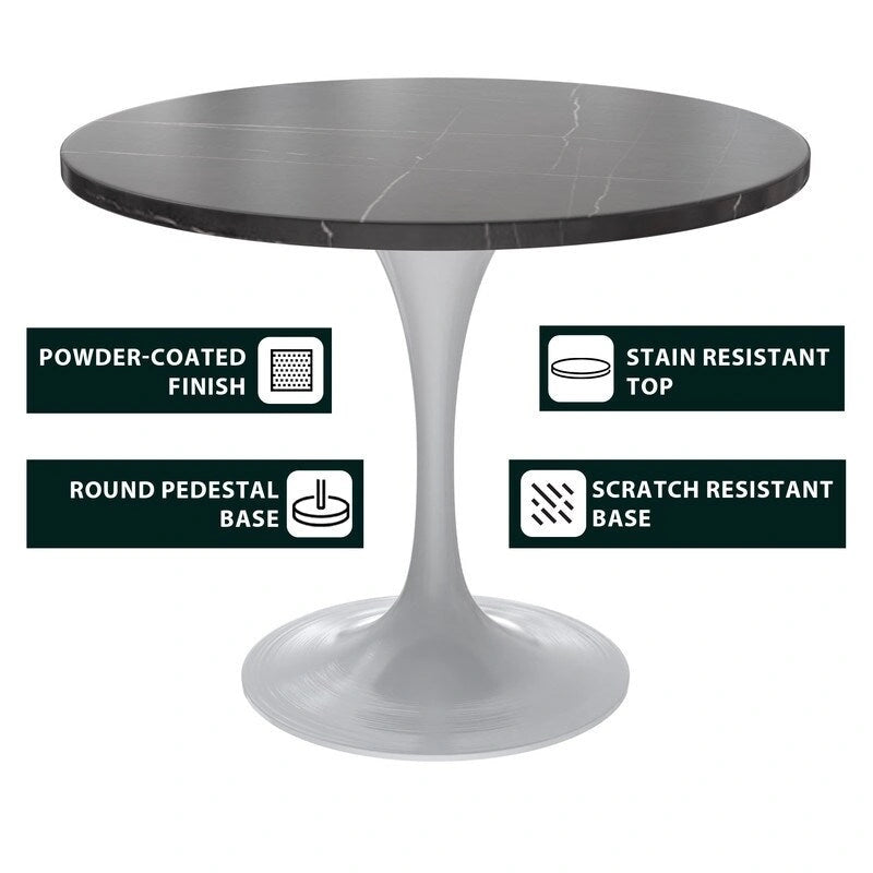 Table de salle à manger avec plateau rond sur pied central en acier blanc
