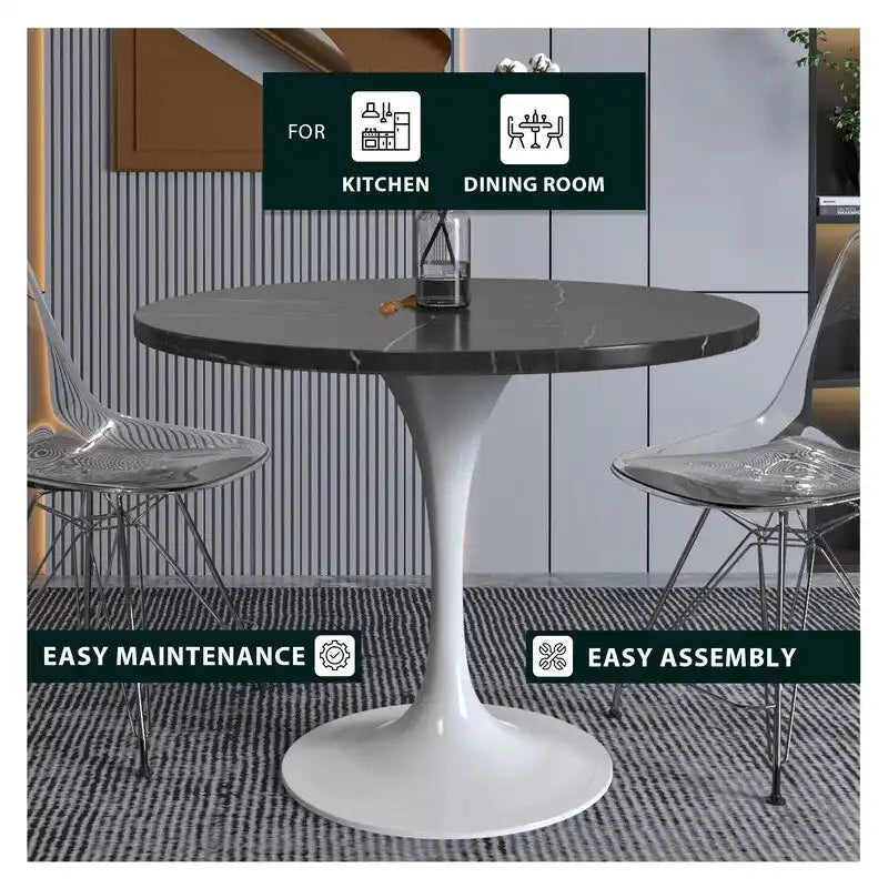 Table de salle à manger avec plateau rond sur pied central en acier blanc