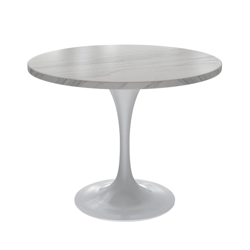 Table de salle à manger avec plateau rond sur pied central en acier blanc