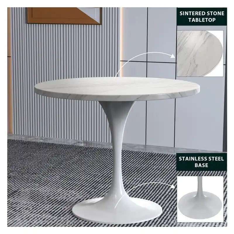 Table de salle à manger avec plateau rond sur pied central en acier blanc