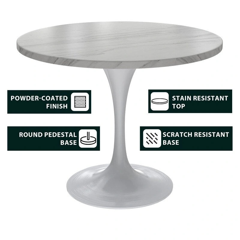 Table de salle à manger avec plateau rond sur pied central en acier blanc