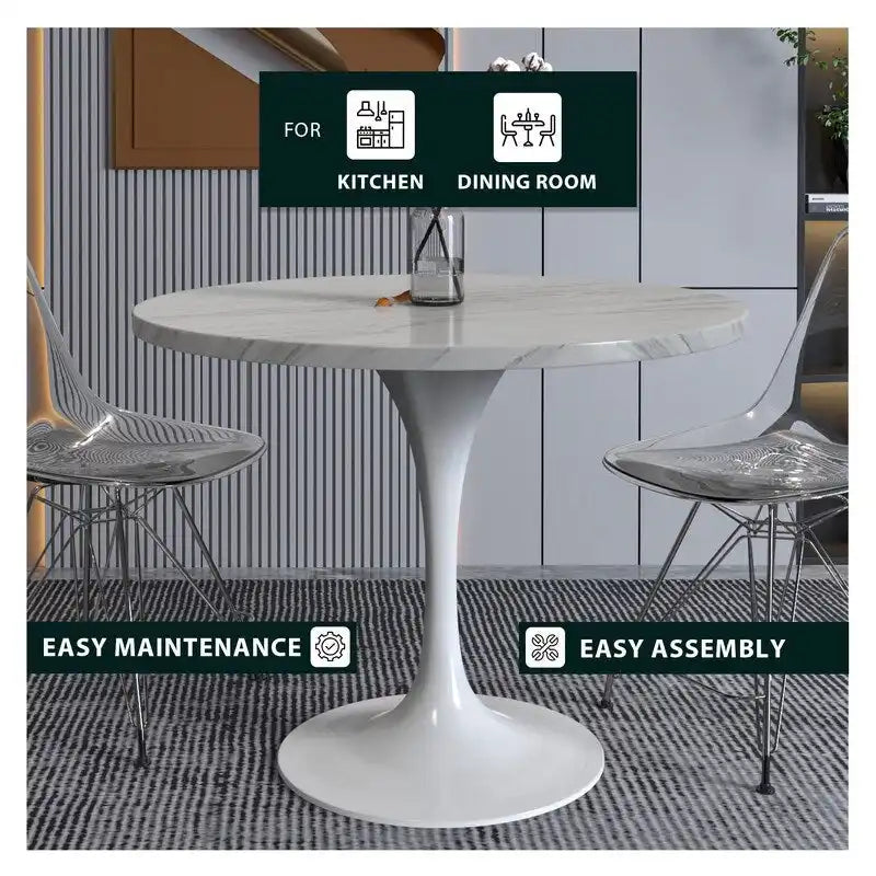 Table de salle à manger avec plateau rond sur pied central en acier blanc